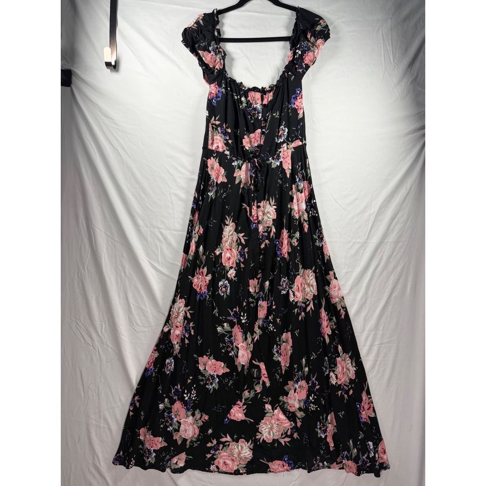 Auguste the Label Black Floral Rayon Maxi Dress Short Puff Sleeve Button Front 6